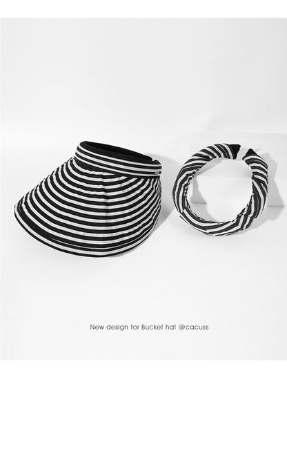 Striped Visor Hat for Women Summer Korean Style Wide Brim Sun Hat Striped Beach Hat Foldable Headband