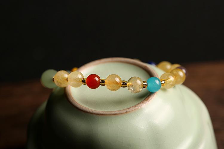 Original Design Multi-Gemstone Jewelry Brazilian Natural Golden Rutilated Quartz Bracelet for Women Vintage Agate Pink Quartz Bracelet