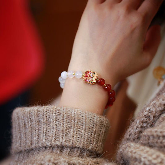 Natural Double Red Agate White Agate Nian Beast Bracelet for Women Lion Dance Accessory Agate Bead Jewelry
