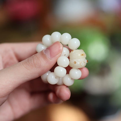 White Jade Bodhi Root Bracelet, Fired Cat Paw Bodhi Seed Bracelet, High Polished Single Circle Buddha Beads, Cultural Game Prayer Beads