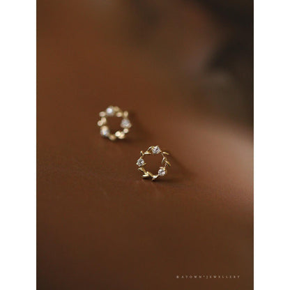 S925 Sterling Silver Gold-Plated Earrings for Women Zircon Branch Leaf Small Flower Ring Elegant Petite Floral Korean and Japanese Style Earrings