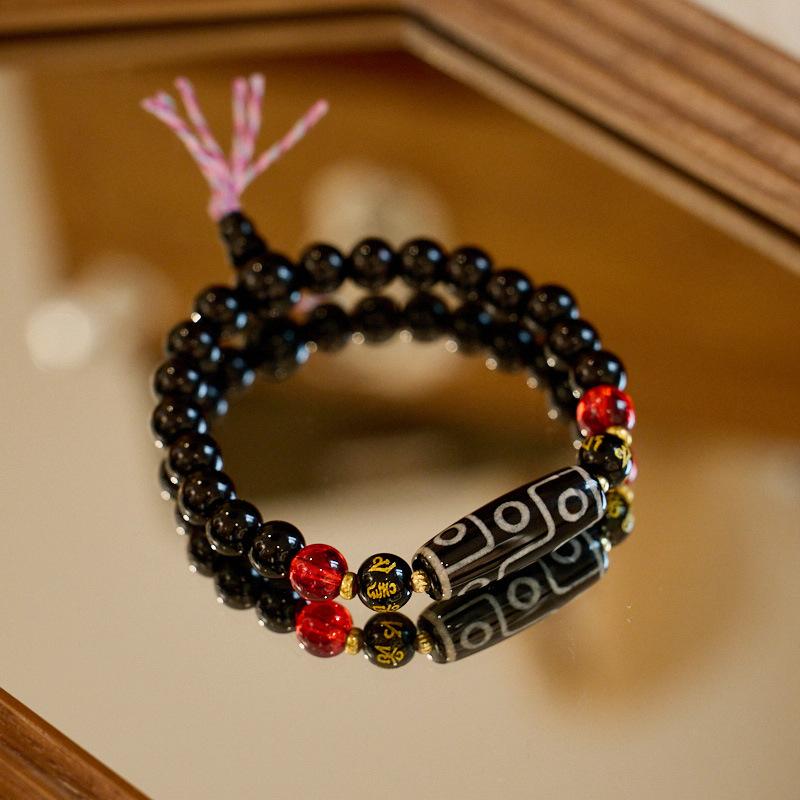 Natural Tibetan Nine-Eyed Dzi Bead Agate Bracelet Nine Purple Fire Good Luck Bracelet Vintage Dzi Bead Buddhist Bead Bracelet