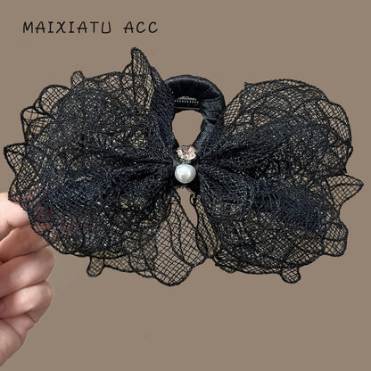 Lannuo Black Lace Trim Bow Hair Clip Simple French Elegant Back of Head Shark Clip Large Claw Clip
