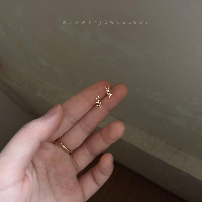 S925 Sterling Silver 14K Gold Plated Leaf Stud Earrings Mini Elegant Tree Branch Korean and Japanese Style Ins Style Small Earrings