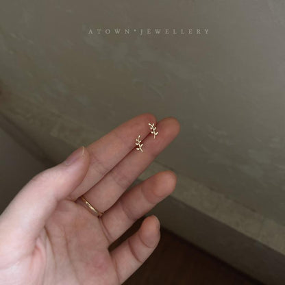 S925 Sterling Silver 14K Gold Plated Leaf Stud Earrings Mini Elegant Tree Branch Korean and Japanese Style Ins Style Small Earrings