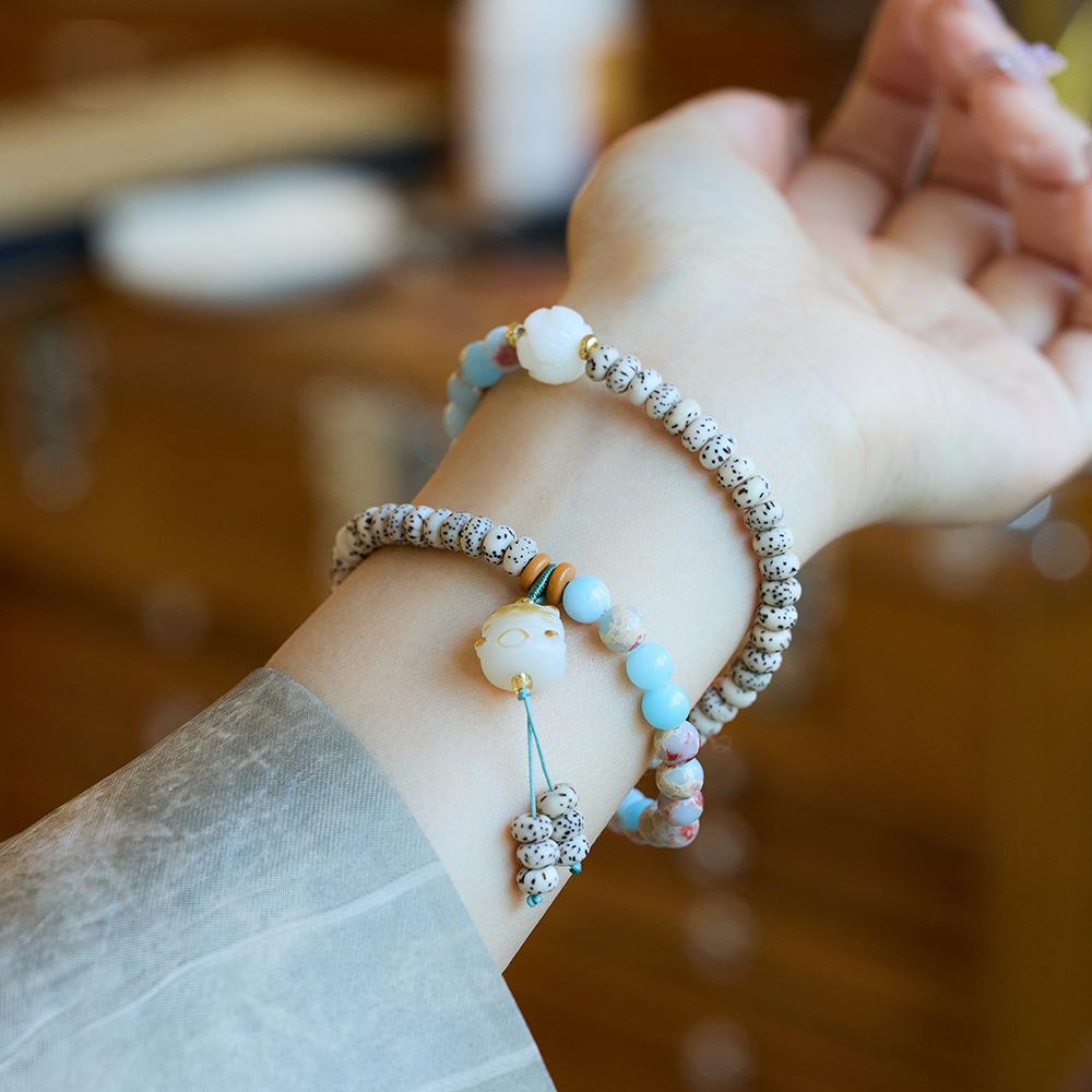 New Chinese Style Natural Shoushan Stone Bracelet Star Moon Bodhi Charcoal Burnt Little Cat Double Circle Cultural Play Bracelet Buddhist Beads Prayer Beads