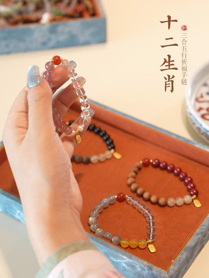 Three-in-One Twelve Zodiac Bracelet for Women Strawberry Crystal White Crystal Agarwood Multi-Gemstone Crystal Temple Bracelet