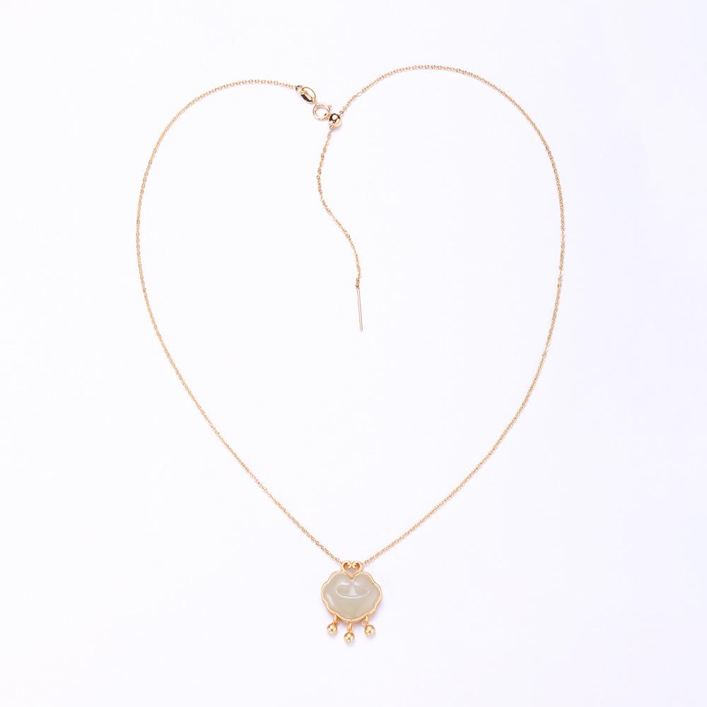 S925 Silver Hetian Jade Ruyi Xiangyun Peace Lock Necklace Retro Chinese Style Long Life Lock Chain