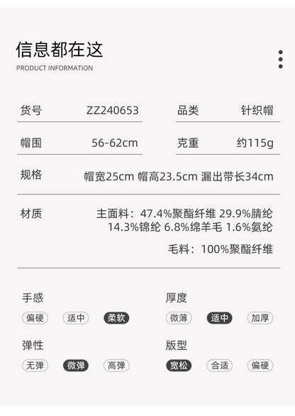 Autumn Winter Fluffy Ear Protection Knitted Hat for Women Large Head Circumference Cold-Proof Warm Wool Hat Color-Block Tie Head Wrap Hat
