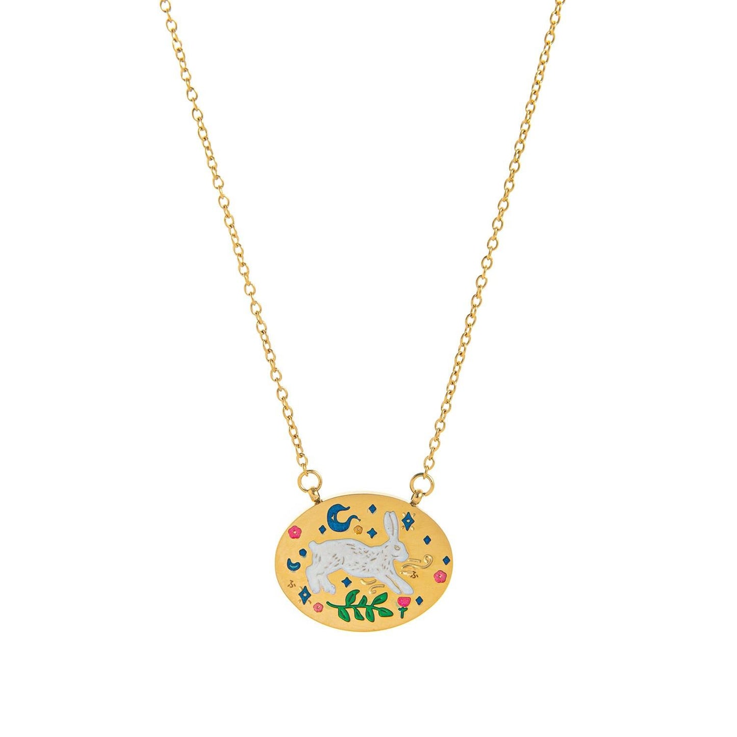 Titanium Steel New Hand-Painted Oil-Drip Rabbit Element Pet Oval Tarot Card Necklace Color-Retaining 18K Gold Plating