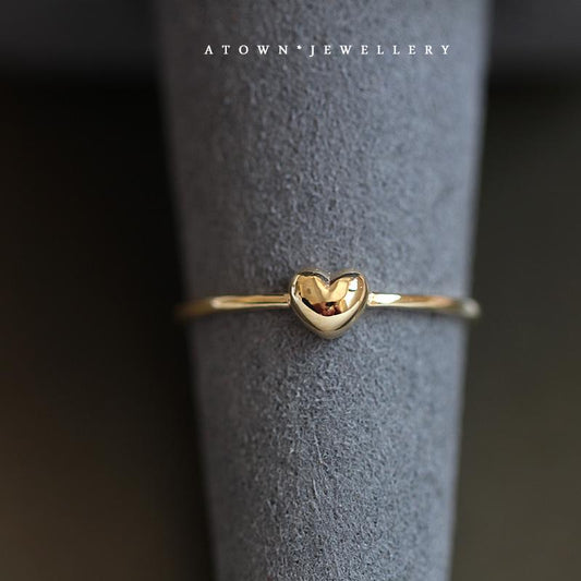 S925 Sterling Silver Plated 14K Gold Small Fat Heart Ring Simple Versatile Super Cute Lovely Thin Heart Ring
