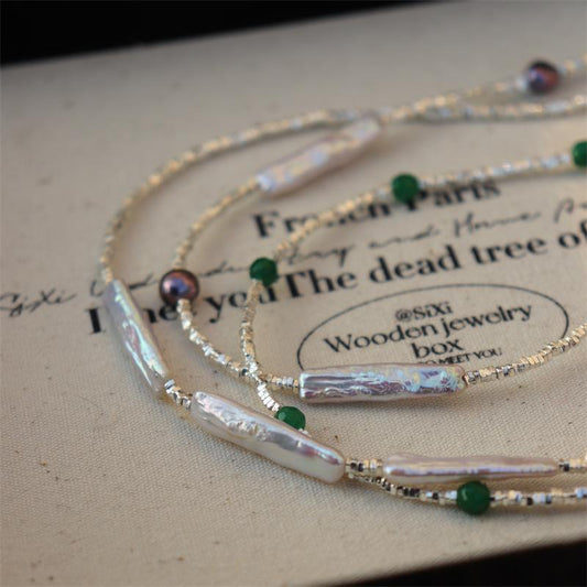 Elegant Design Light Luxury Minimalist Style Broken Silver Irregular Freshwater Pearl Small Silver Bar Handmade Beaded Necklace