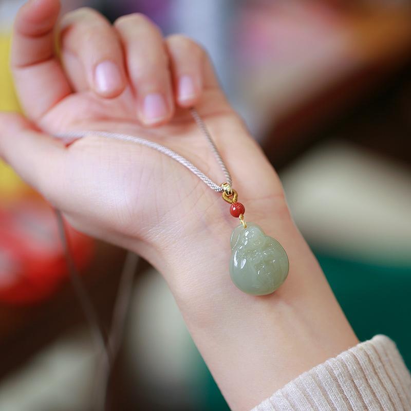 Natural Hetian Jade Hugging Buddha Pendant Necklace Couple Style Jade Pendant Exquisite Carving Braided Cord