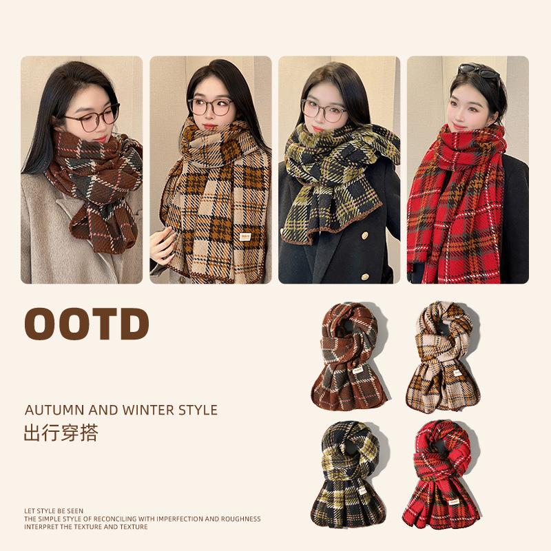 Autumn Winter Warm Scarf for Women British Christmas Plaid Red Scarf Retro Versatile Couple Shawl Neck Warmer