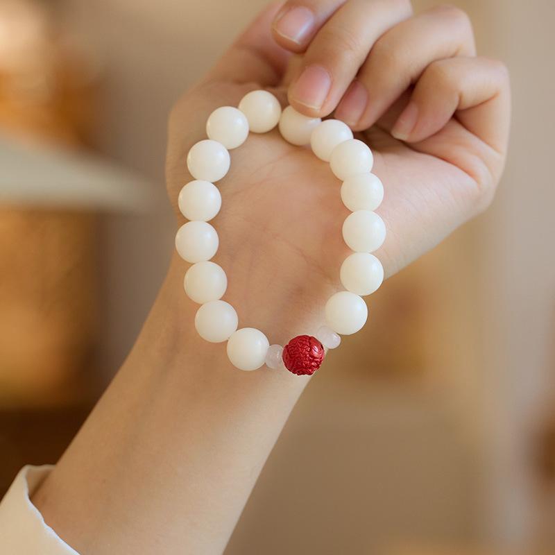 Temple Style Natural White Jade Bodhi Bracelet with Cinnabar Red Sand Pixiu Soft Wrap Bracelet for Men and Women Buddhist Prayer Beads