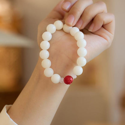 Temple Style Natural White Jade Bodhi Bracelet with Cinnabar Red Sand Pixiu Soft Wrap Bracelet for Men and Women Buddhist Prayer Beads
