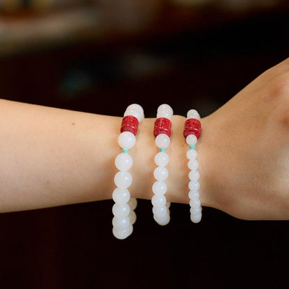 Hetian White Jade Bracelet for Women with Cinnabar Six-Word Mantra, Jadeite Hetian Jade Beads, Zodiac Year Gift