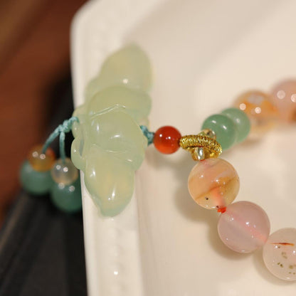 Natural 8MM Red Agate Bracelet for Women, Xiuyan Jade Lotus Cherry Blossom Agate Beaded Necklace, Dual-use Style