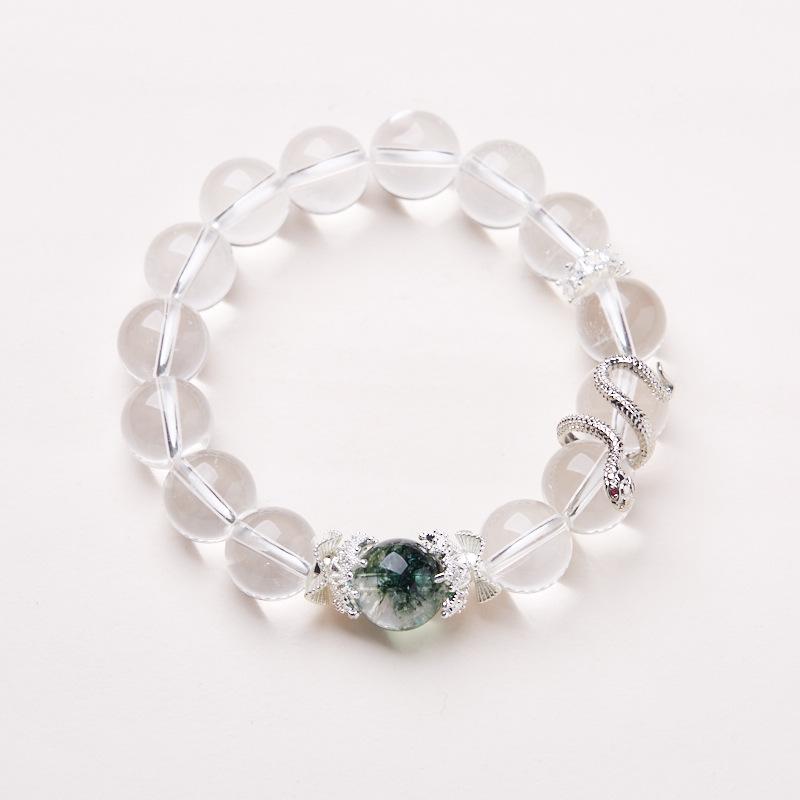 White Crystal Bracelet for Women, Auspicious Snake, Year of the Snake, Zodiac Bracelet, Green Snake, Gift for Best Friend