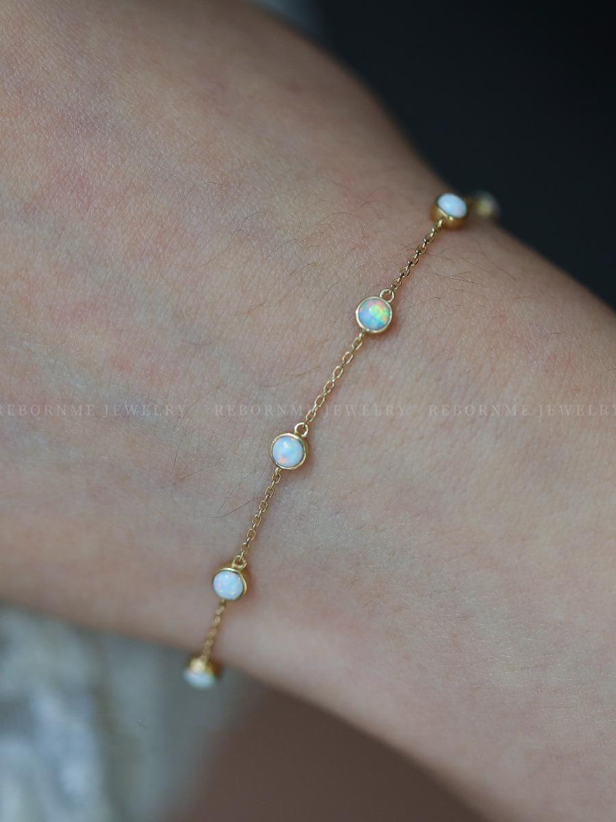 Make a Wish~S925 Silver Plated 14K Gold Thin Bracelet 7 Opal Bracelet for Women Vintage Niche Ins Gift Internet Celebrity