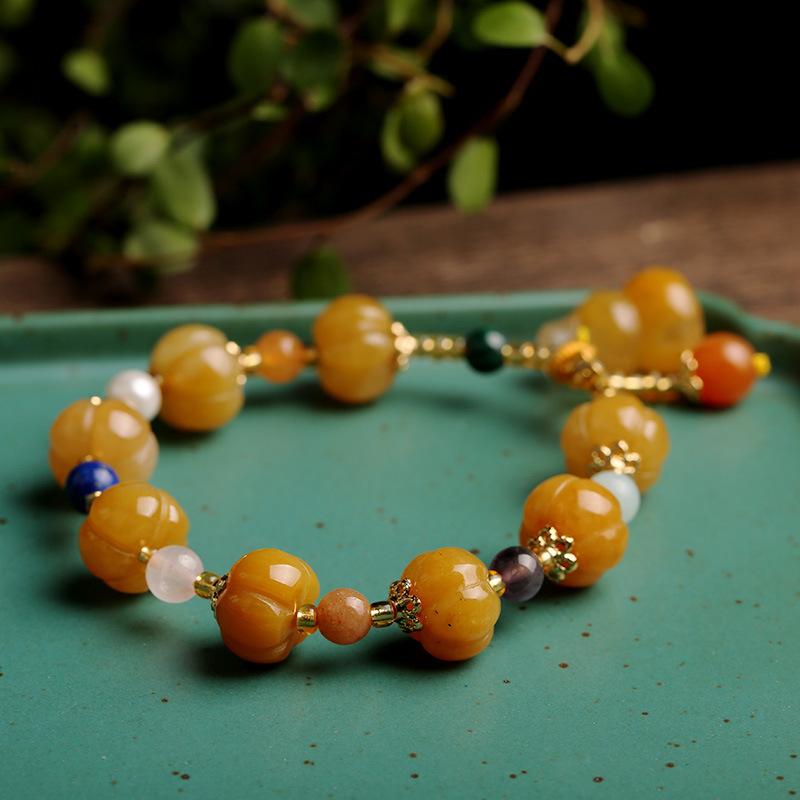Gold Silk Jade Bracelet Wholesale Drum Beads Pumpkin Beads Gourd Ethnic Style Bracelet Yellow Jade Pixiu Bracelet for Women
