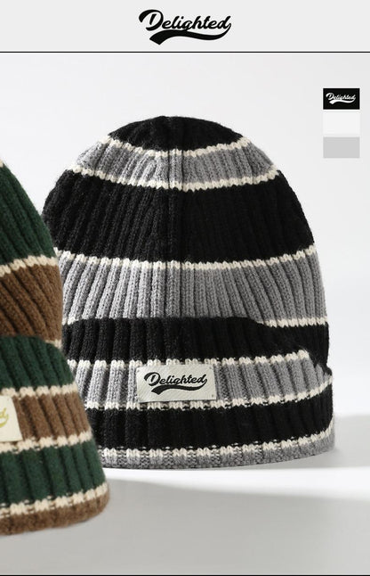 Autumn Winter Color-Block Knitted Hat for Women Outdoor Warm Versatile Wool Hat Trendy Cool Beanie Large Head Circumference Hat