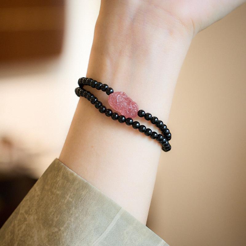 Natural Black Agate Double Circle Bracelet Strawberry Quartz Peach Blossom Girlfriends Beaded Small New Chinese Bracelet