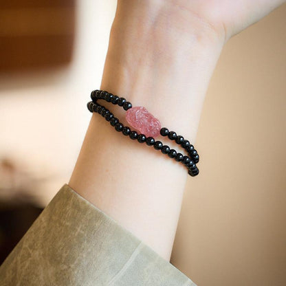 Natural Black Agate Double Circle Bracelet Strawberry Quartz Peach Blossom Girlfriends Beaded Small New Chinese Bracelet