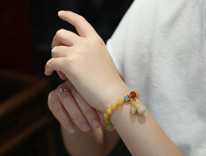 Natural Xinjiang Golden Silk Jade Yellow Bracelet Best Friend Gift Small Gourd Tassel Women's Round Bead Jade Bracelet