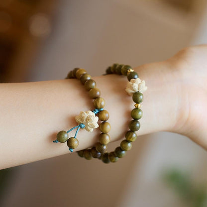 Original Green Sandalwood Bracelet for Female Students, Soft on Fingers, Men's Cultural Play, Buddhist Beads, Sandalwood, Lotus Flower Bracelet, Peripheral Accessories