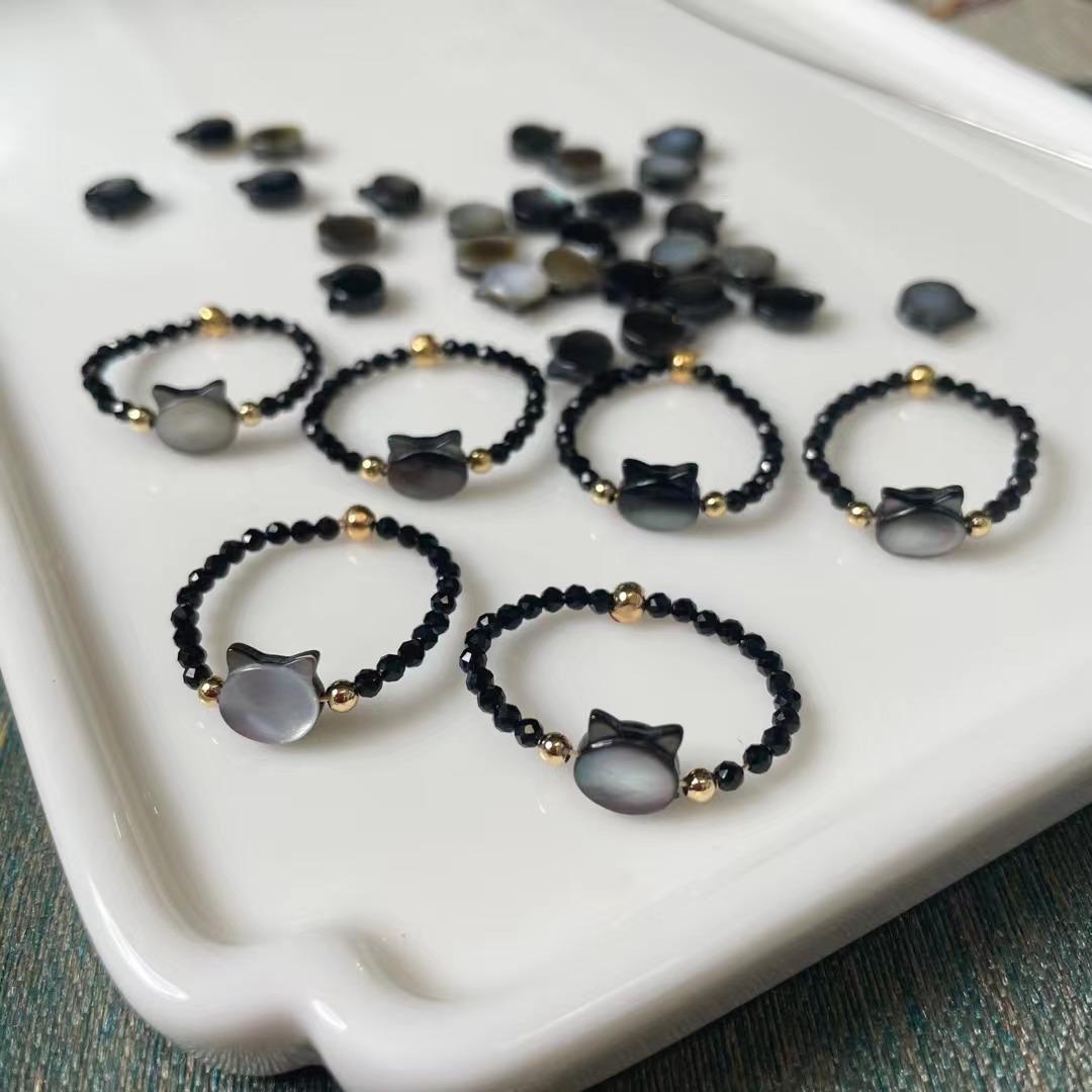 Natural Black Mother-of-Pearl Ultra-Fine Black Spinel Cat Ring Crystal Stone Natural Black Crystal Personality Beaded Ring