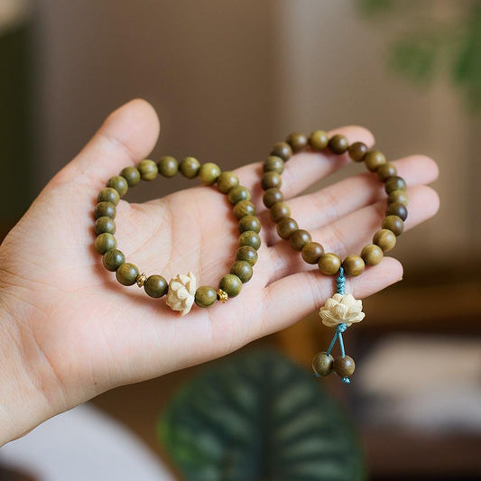 Original Green Sandalwood Bracelet for Female Students, Soft on Fingers, Men's Cultural Play, Buddhist Beads, Sandalwood, Lotus Flower Bracelet, Peripheral Accessories