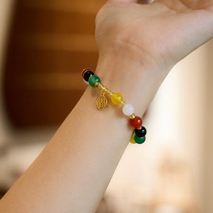 Natural 8MM Agate Bracelet Five Blessings Good Luck Multicolored Agate Beads Temple Scenic Spot Bracelet Gift