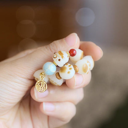Natural Charcoal Burnt Cat Paw Bodhi Root Bracelet for Women Cat Milk Bean Pendant Bodhi Root Small Cat Buddha Bead Bracelet