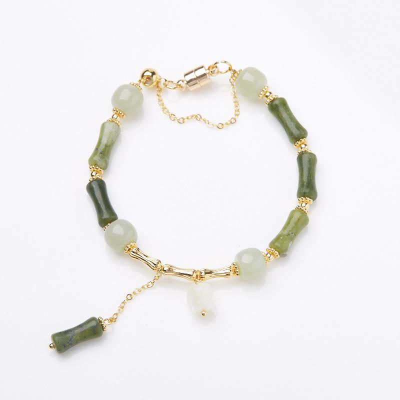 Natural Olive Jade Bamboo Knot Bracelet for Women, One Leaf Wealth Lily of the Valley Hetian Jade Bracelet, Gift for Best Friend