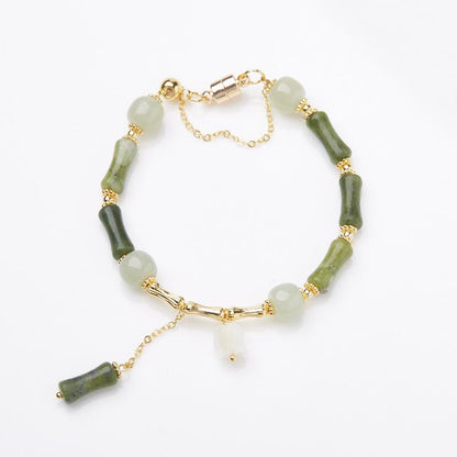 Natural Olive Jade Bamboo Knot Bracelet for Women, One Leaf Wealth Lily of the Valley Hetian Jade Bracelet, Gift for Best Friend