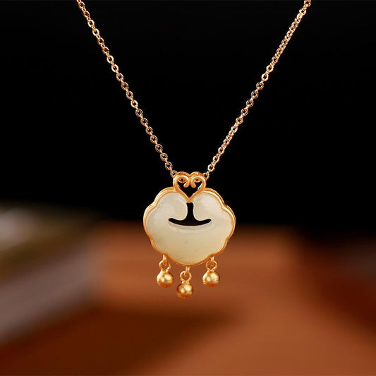 S925 Silver Hetian Jade Ruyi Xiangyun Peace Lock Necklace Retro Chinese Style Long Life Lock Chain