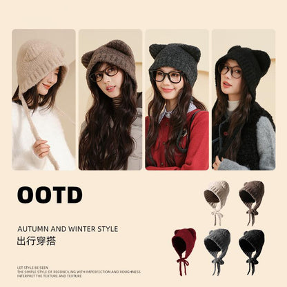 Autumn and Winter Cute Bear Parent-Child Knitted Hat Warm Ear Protection Wool Hat Korean Version Fluffy Cold-Proof Outdoor Hat