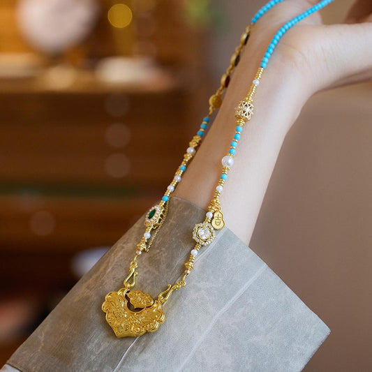 Koi Fish Ruyi Lock Necklace for Women, Ancient Enamel Gold-Plated, High-End Niche Necklace Jewelry