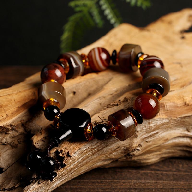 Original Natural Silk Wrapped Old Agate Bracelet Domineering Single Circle Men's Abacus Bead Bracelet Ethnic Style Gift Jewelry