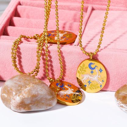 Titanium Steel New Hand-Painted Oil-Drip Rabbit Element Pet Oval Tarot Card Necklace Color-Retaining 18K Gold Plating