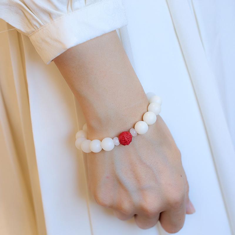 Temple Style Natural White Jade Bodhi Bracelet with Cinnabar Red Sand Pixiu Soft Wrap Bracelet for Men and Women Buddhist Prayer Beads