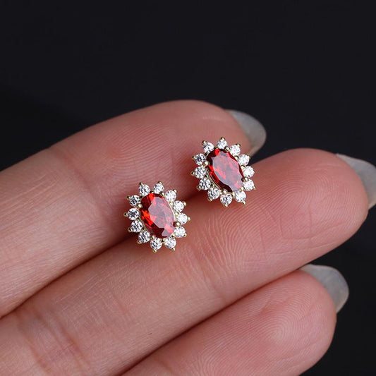 S925 Sterling Silver 18K Gold Plated Earrings for Women Inlaid with Zircon Simple Elegant Garnet Earrings Jewelry
