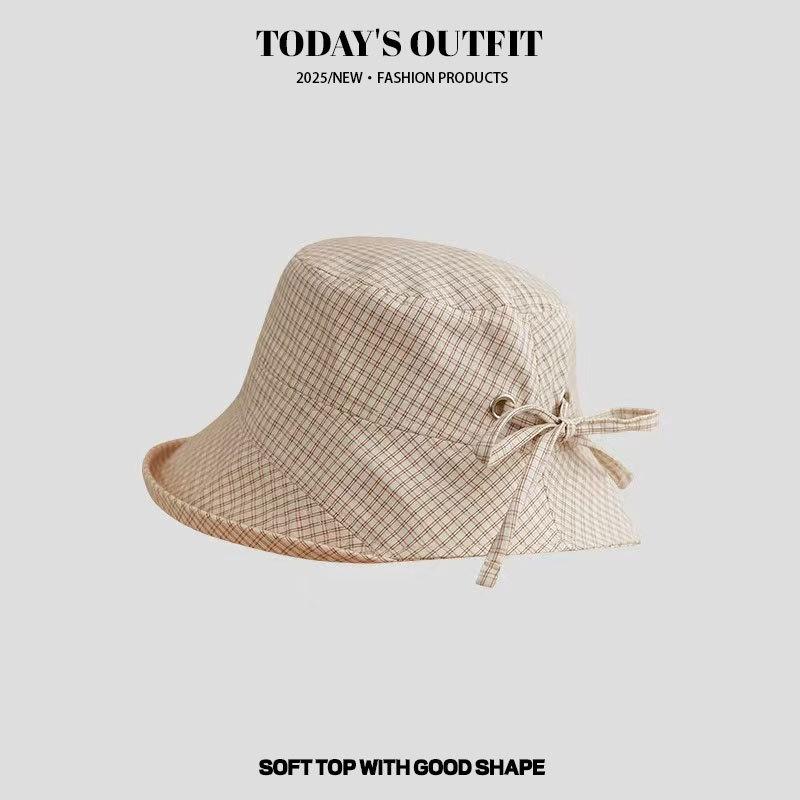 Sweet Navy Blue Plaid Fisherman Hat for Women, New Summer Wide Brim Sunshade Sun Protection Bucket Hat
