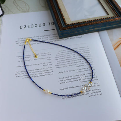 Design Simple Natural Lapis Lazuli Malachite Freshwater Petal Pearl Necklace Ultra-fine Layered Collarbone Chain Necklace