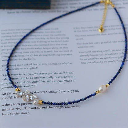 Design Simple Natural Lapis Lazuli Malachite Freshwater Petal Pearl Necklace Ultra-fine Layered Collarbone Chain Necklace