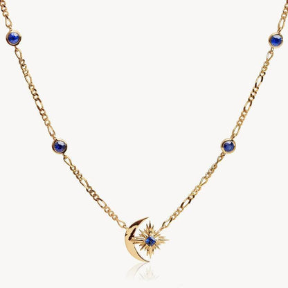 Artistic Retro Style Star Moon Sapphire Starburst Necklace Copper Electroplated 14K Gold