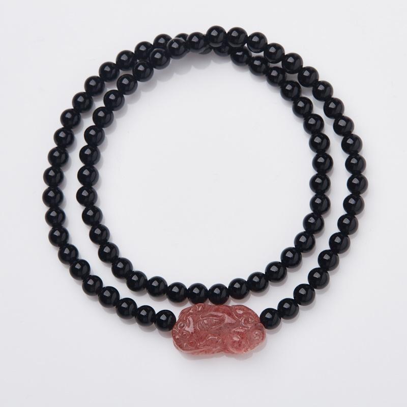 Natural Black Agate Double Circle Bracelet Strawberry Quartz Peach Blossom Girlfriends Beaded Small New Chinese Bracelet