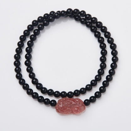 Natural Black Agate Double Circle Bracelet Strawberry Quartz Peach Blossom Girlfriends Beaded Small New Chinese Bracelet