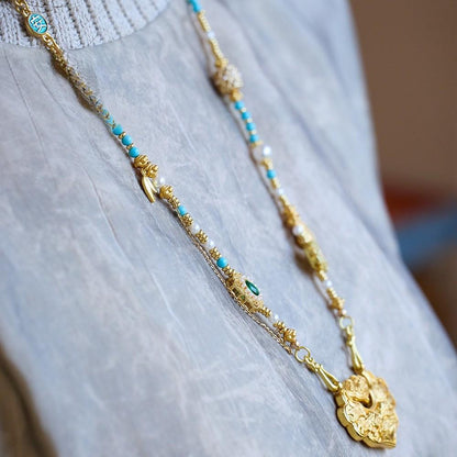 Koi Fish Ruyi Lock Necklace for Women, Ancient Enamel Gold-Plated, High-End Niche Necklace Jewelry